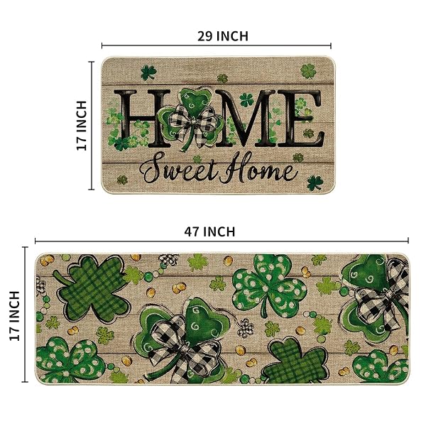 ARTOID MODE WOOD SHAMROCK SWEET HOME ST. PATRICK’S DAY KITCHEN MATS SET OF 2, HOME DECOR LOW-PROFILE KITCHEN RUGS FOR FLOOR – 17X29 AND 17X47 INCH