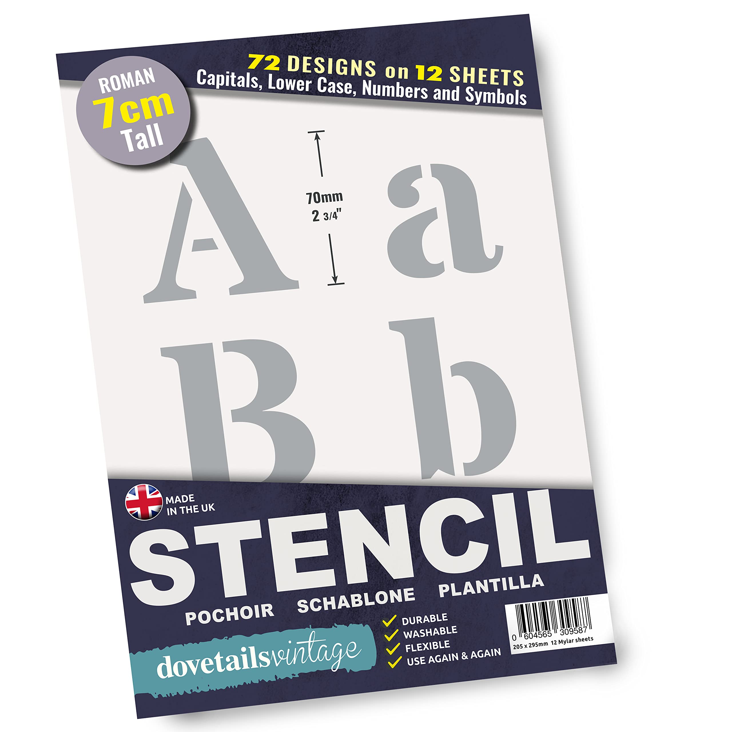 Dovetails Vintage 7 cm Tall Letter Stencil Kit - Roman Style Upper and Lower Case with Numbers and Symbols.