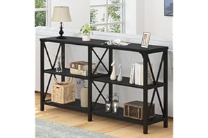 LVB Black Console Table, Modern Entryway Table with 3 Tier Storage Shelves, Industrial Sofa Table Behind Couch for Living Room, Farmhouse Wood Metal Entry Table for Hallway Foyer, Black Oak, 55 Inch