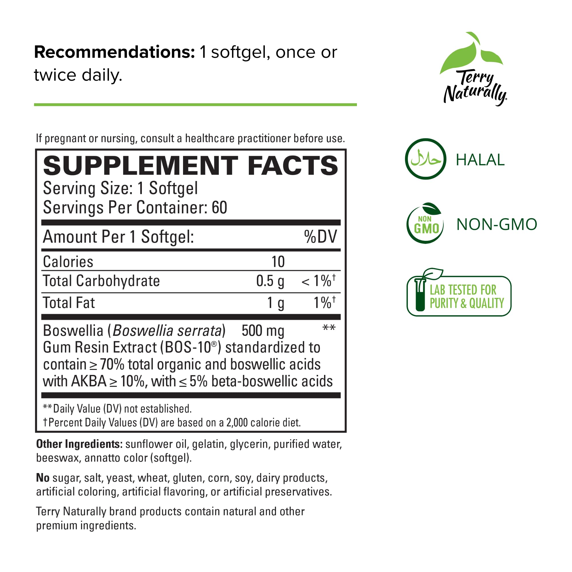 Terry Naturally BosMed 500 - Boswellia Serrata Extract Supplement - Dietary Supplement for Healthy Lung Support - Herbal Supplement Formula - 60 Softgels