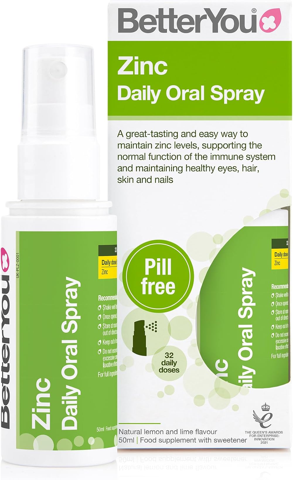 BetterYou Zinc Oral Spray, Immune Support, 10mg, Lemon Lime, 1 Month