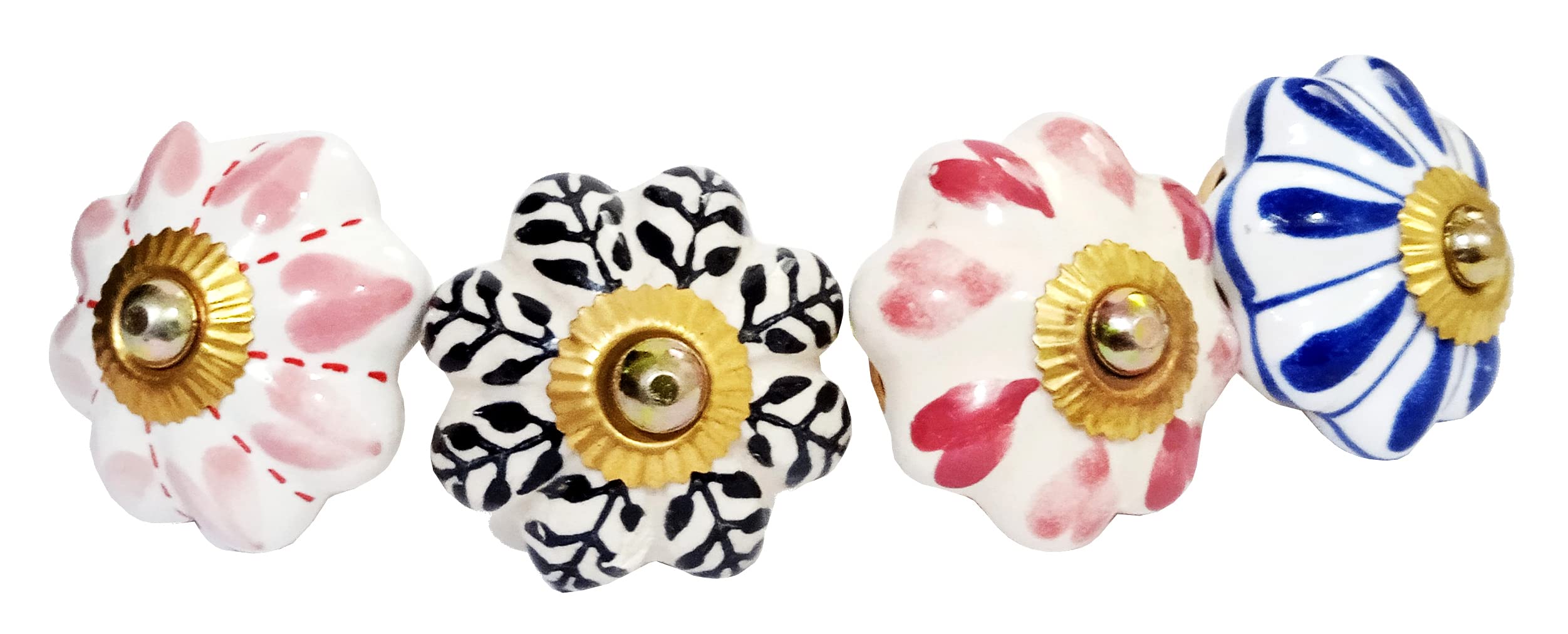 Purpledip Ceramic Knobs Set of 4: Door Drawer Cupboard Pull Handles, Multicolor (12403)