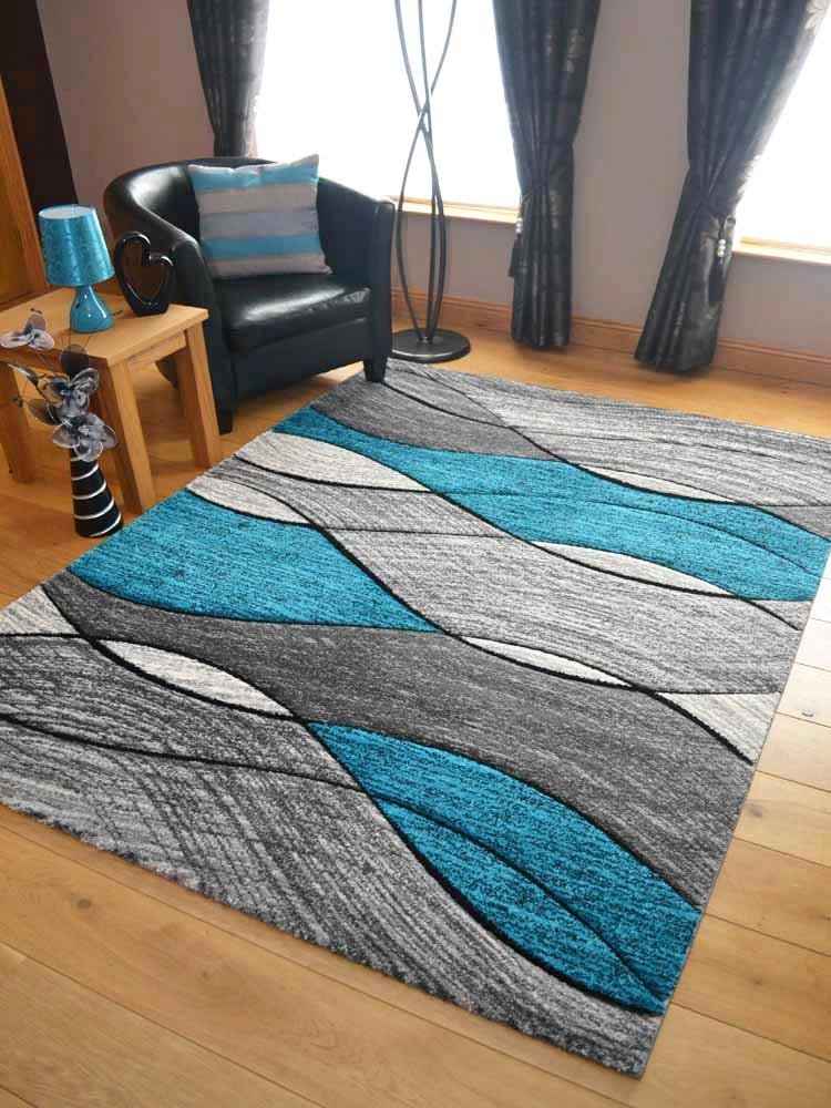 Impulse Teal Grey Wave Thick Quality Modern Carved Rugs Runner Small