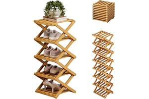 9-Tier No-Assembly Bamboo Rack, Foldable and Expandable Shoe Storage Rack, Sturdy 2-9 Tier Vertical Bamboo Shelf for Shoes Pl