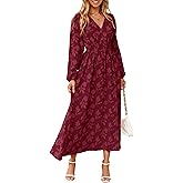 Simplee Womens Boho Floral Long Sleeve Maxi Dress V Neck Empire Waist Fall Wedding Guest Dresses with Pockets
