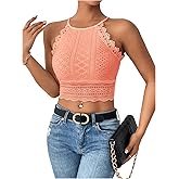 WDIRARA Women's Eyelet Halter Crop Top Lace Embroidery Slim Fitted Tops