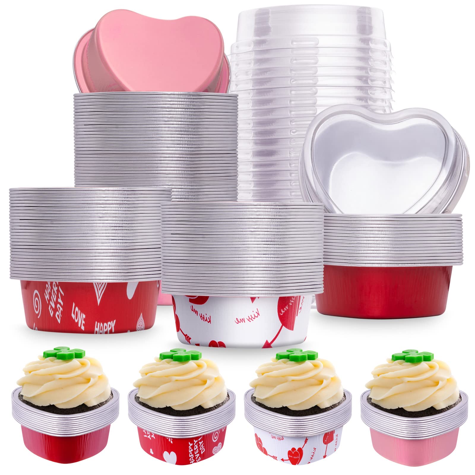 Photo 1 of 120 Pcs Heart Shaped Cake Pans with Lids, Aluminum Mini Cake Pans, 3.4 Oz/ 100ml Foil Disposable Flan Pan Cupcake Tins Baking Pan for Valentine's Mother's Day Party (White, Red, Pink, Red Heart, 120)