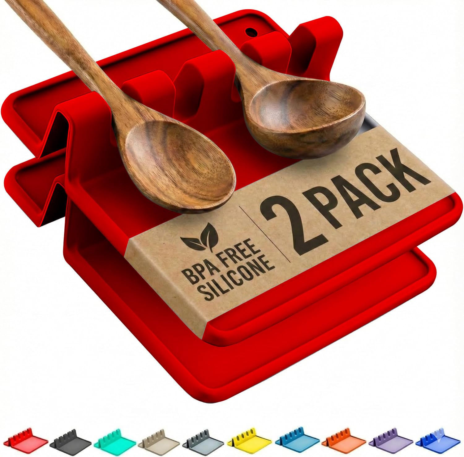 Silicone Spoon Rest for Stove Top with Drip Pad (Two Pack) - Heat Resistant, BPA Free Utensil Rest & Spoon Holder for Kitchen Counter - Grill Utensil Holder for Spatulas, Tongs, Ladles (Red)