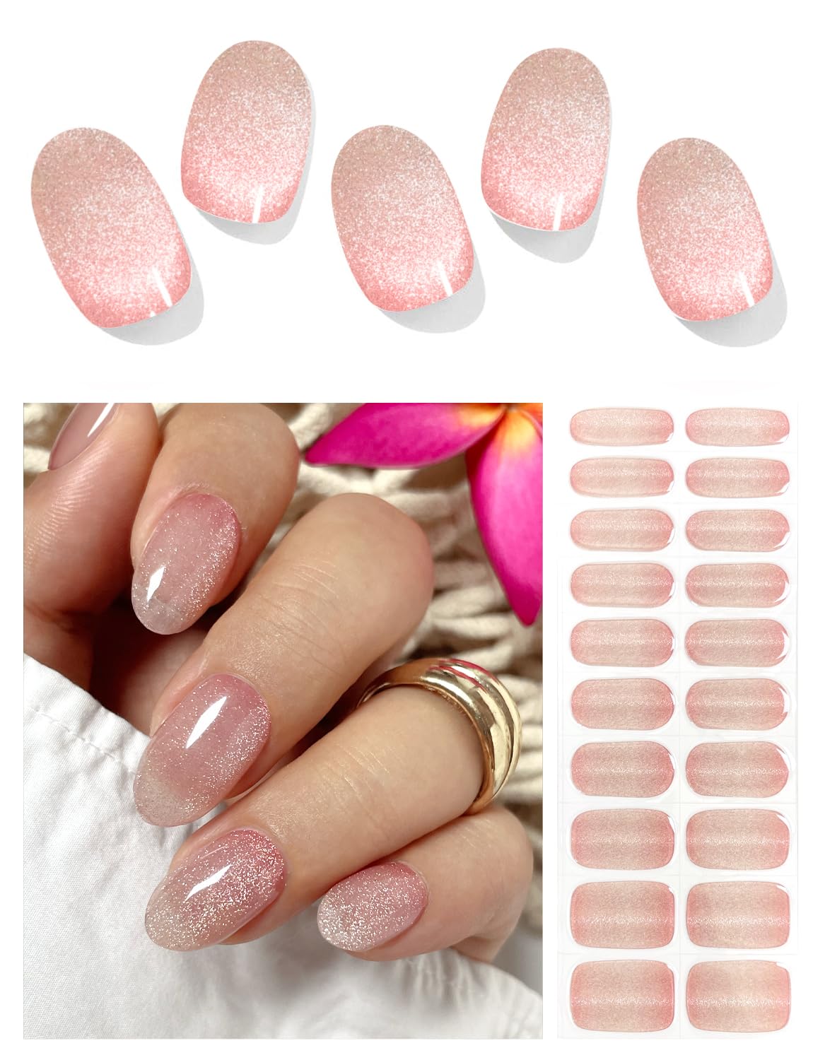 AutyaMee Semi Cured Gel Nail Strips (Light Pink Cat Eye), Brown, 20 Pcs Gel Nail Wraps, Stickers, UV Light Required, Salon Quality, Long Lasting