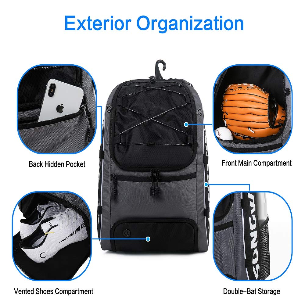 Softball Bag with Fence Hook and Shoe Compartment Holds TBall Caps and