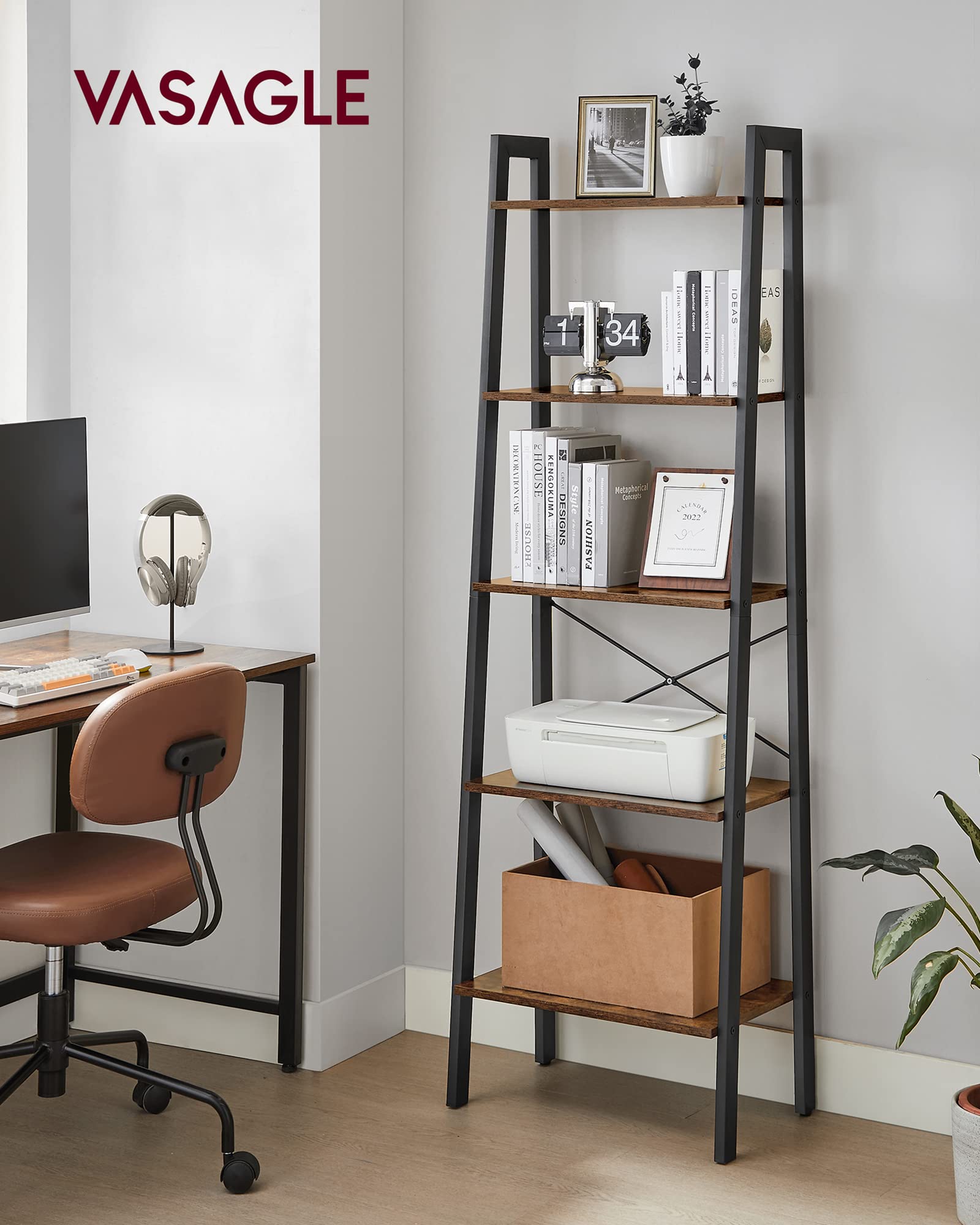 VASAGLE Ladder Shelf, 5-Tier Bookshelf, Storage Rack, Bookcase with Steel Frame, for Living Room, Home Office, Kitchen, Bedroom, Industrial Style, Rustic Brown and Ink Black ULLS45X