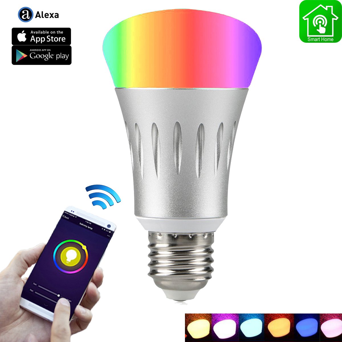 Wi-Fi Smart Light Bulb, Dimmable Multicolored LED Bulbs, 60W Equivalent