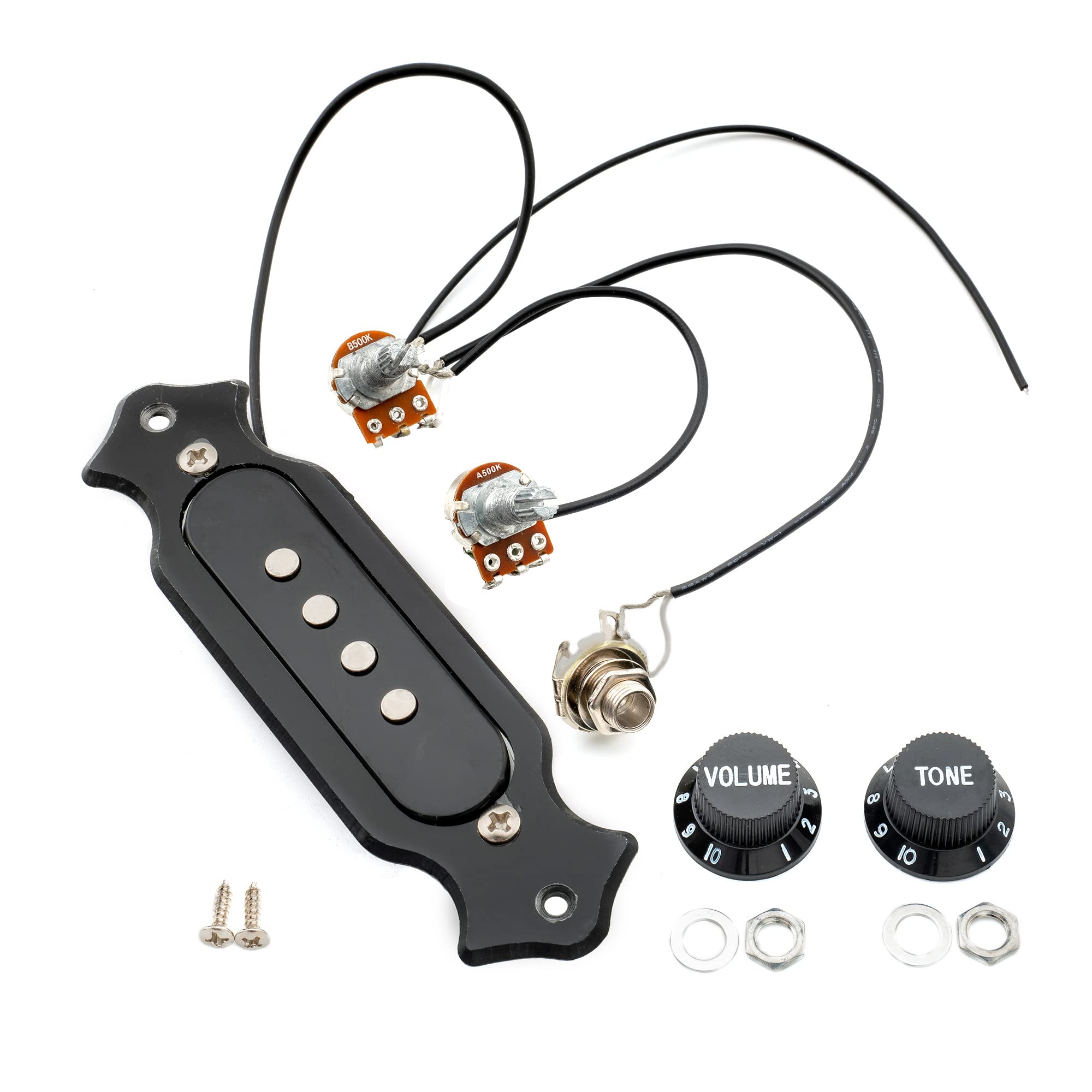 Musiclily Prewired 4-String Guitar Single Coil Soundhole Pickup Wiring Harness with Volume Tone Pot and Knobs for Cigar Box Guitar, Black