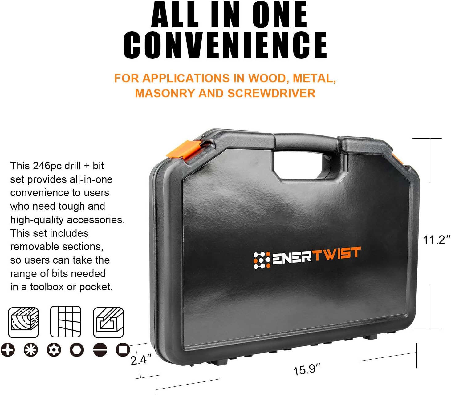 EnerTwist Drill Bit Set, 246-Pieces Drill Bits and Driver Set for Wood Metal Cement Drilling and Screw Driving, Top Rated Combo Kit Assorted in Plastic Carrying Case, ET-DBA-246 - - 