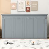 MERITLINE Twin Horizontal Murphy Bed Cabinet with Desk, Solid Wood Farmhouse Murphy Bed Frame for Small Room, Office, Apartment, Space Saving, (Grey)