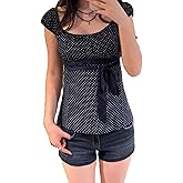 Women Polka Dot Babydoll Tops Y2k Cap Sleeve Square Neck Coquette Peplum Shirt Cute Teens Preppy Clothes