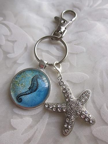 Schlusselanhanger Seepferdchen Seestern Meer Maritim Nostalgisch Im Vintage Stil Etoile Cabochon Durchmesser 2 5 Cm Gesamtlange 9 Cm Geschenkidee Blau Schwarz Amazon De Handmade