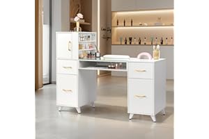 Henf Manicure Table Nail Makeup Desk Station, Modern Storage Beauty Salon Workstation Nail Station Desk Nail Art Equipment with Drawers & Cabinets & Side Shelves (White)