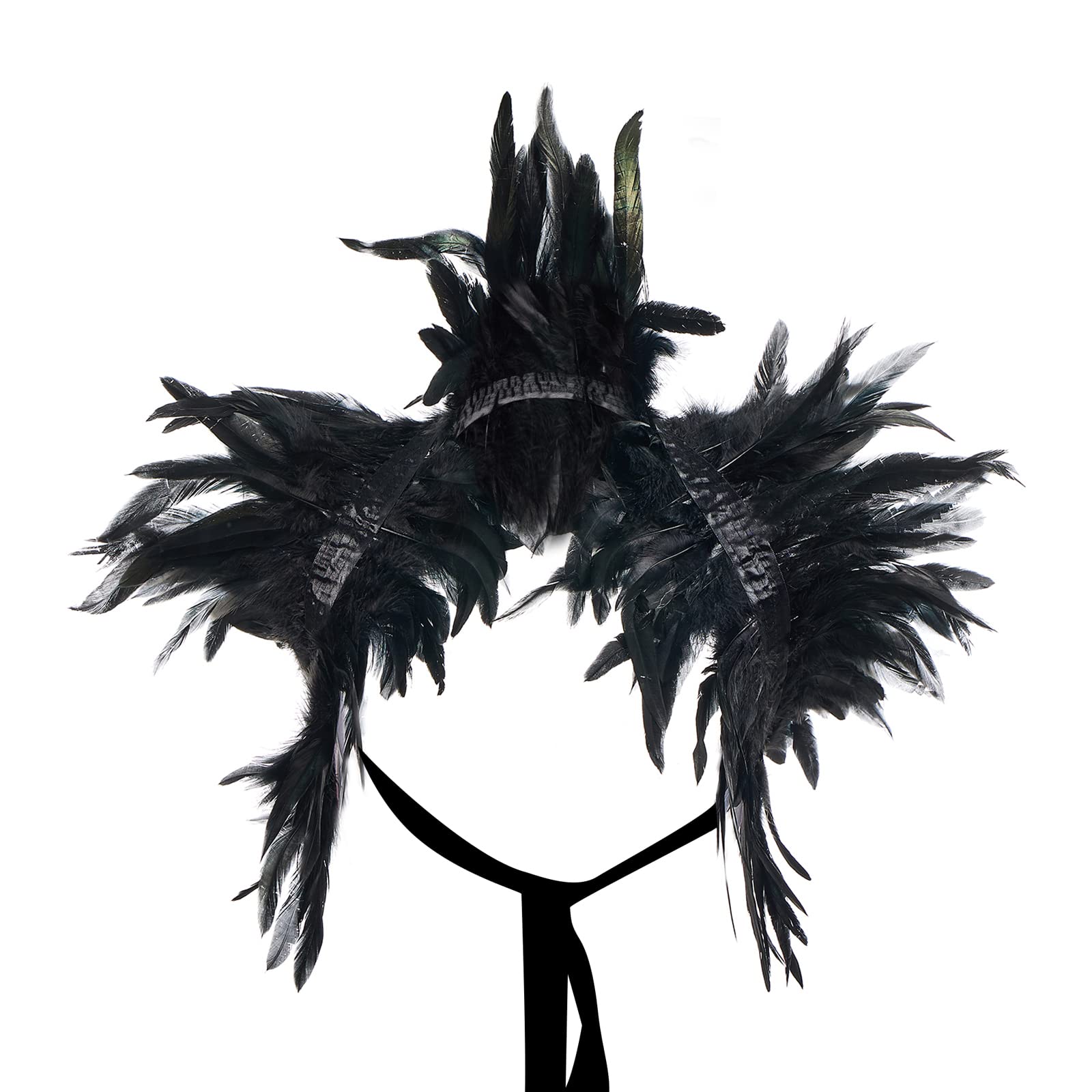 Niceyoeuk Women Natural Feather Cape Maleficent Costume Gothic Lacing Shawl Shrug Collar Feather Cape for Halloween Cosplay Christmas Party (Black, One Size)
