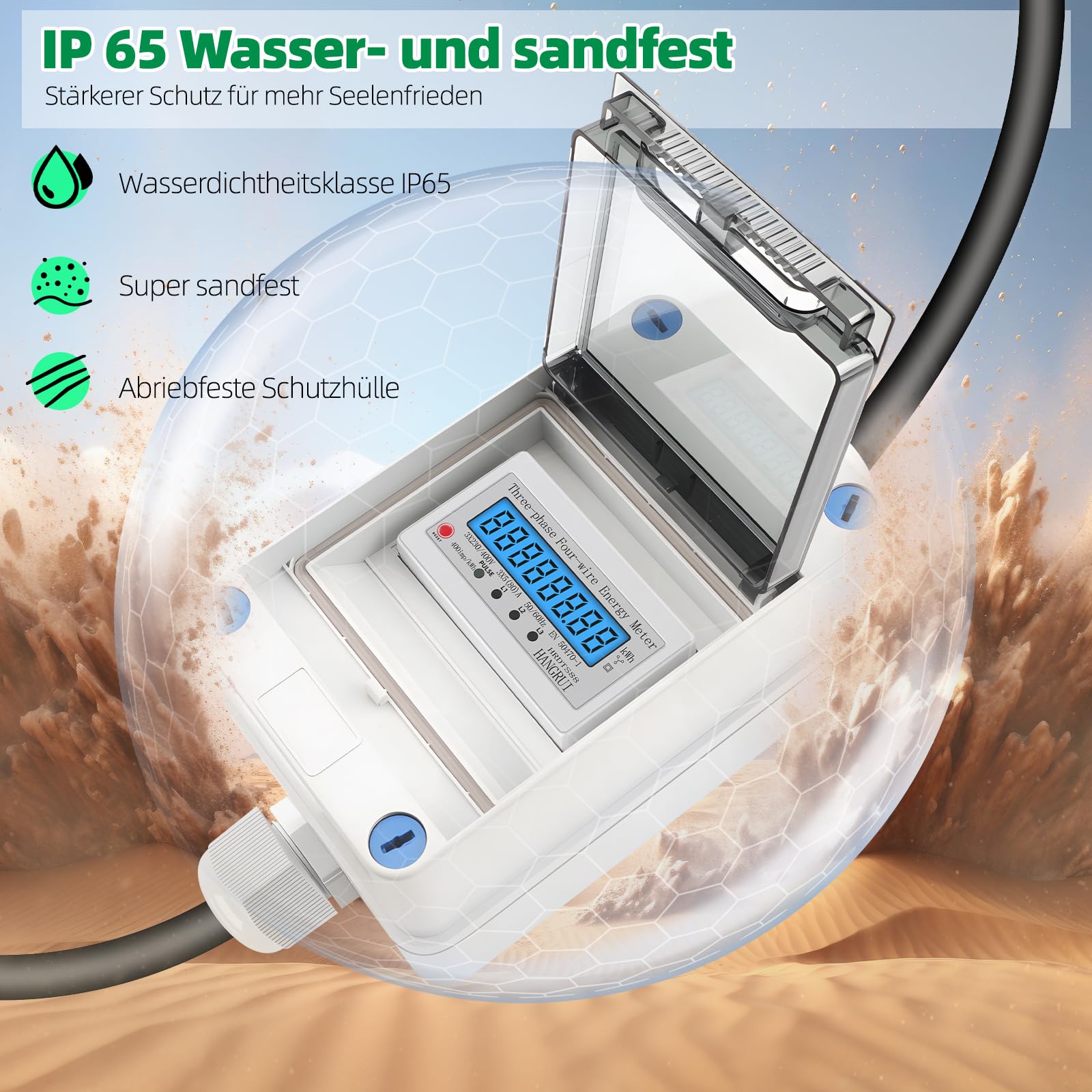3 Phasen Mobiler Stromzähler, 16A 400V Mobiler Digitaler Stromzähler Mit CEE Stecker und Kupplung, Mobiler Digitalzähler Mit Mit Rückstellfunktion, 2m Kabel, IP68 Steckdosenadapter Zähler 8