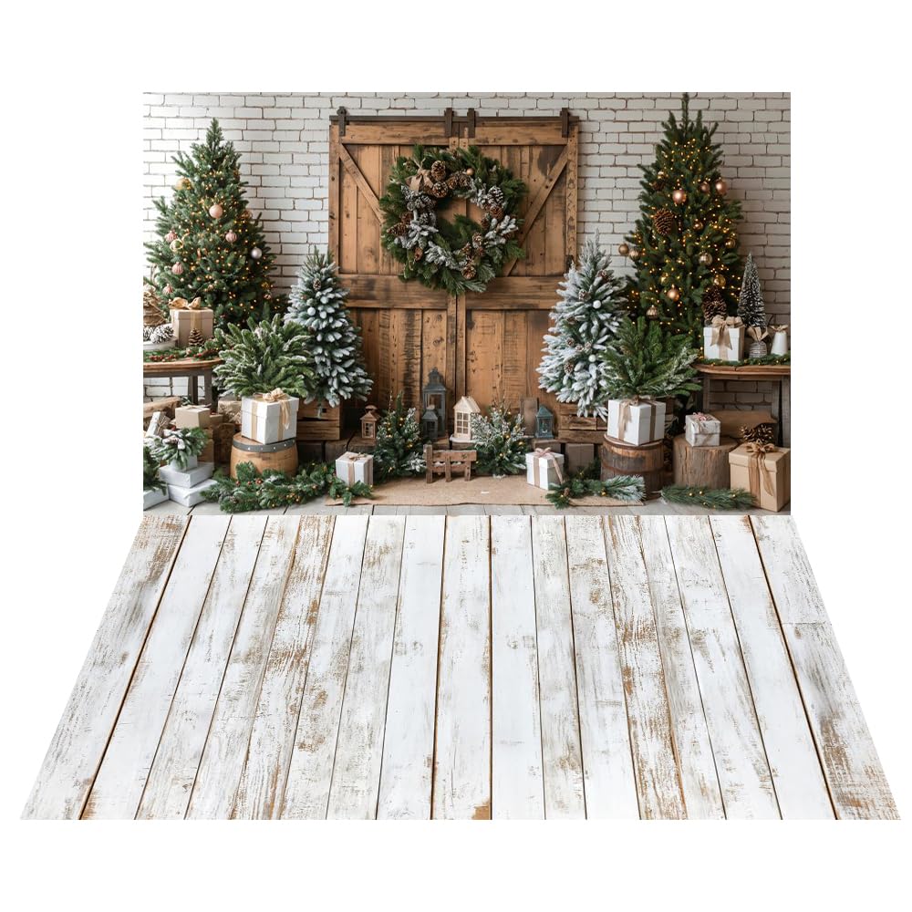 Photo 1 of Kate Christmas Backdrop for Photography Brick Wall Xmas Trees with Wood Floor Home Party Decor Props 2 Pieces Backdrops 10x6.5ft&10x6.5ft