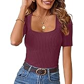 MEROKEETY Women's Summer Ribbed T Shirts 2026 Square Neck Short Sleeve Slim Fit Knit Tee Tops Dressy Casual Trendy Clothes