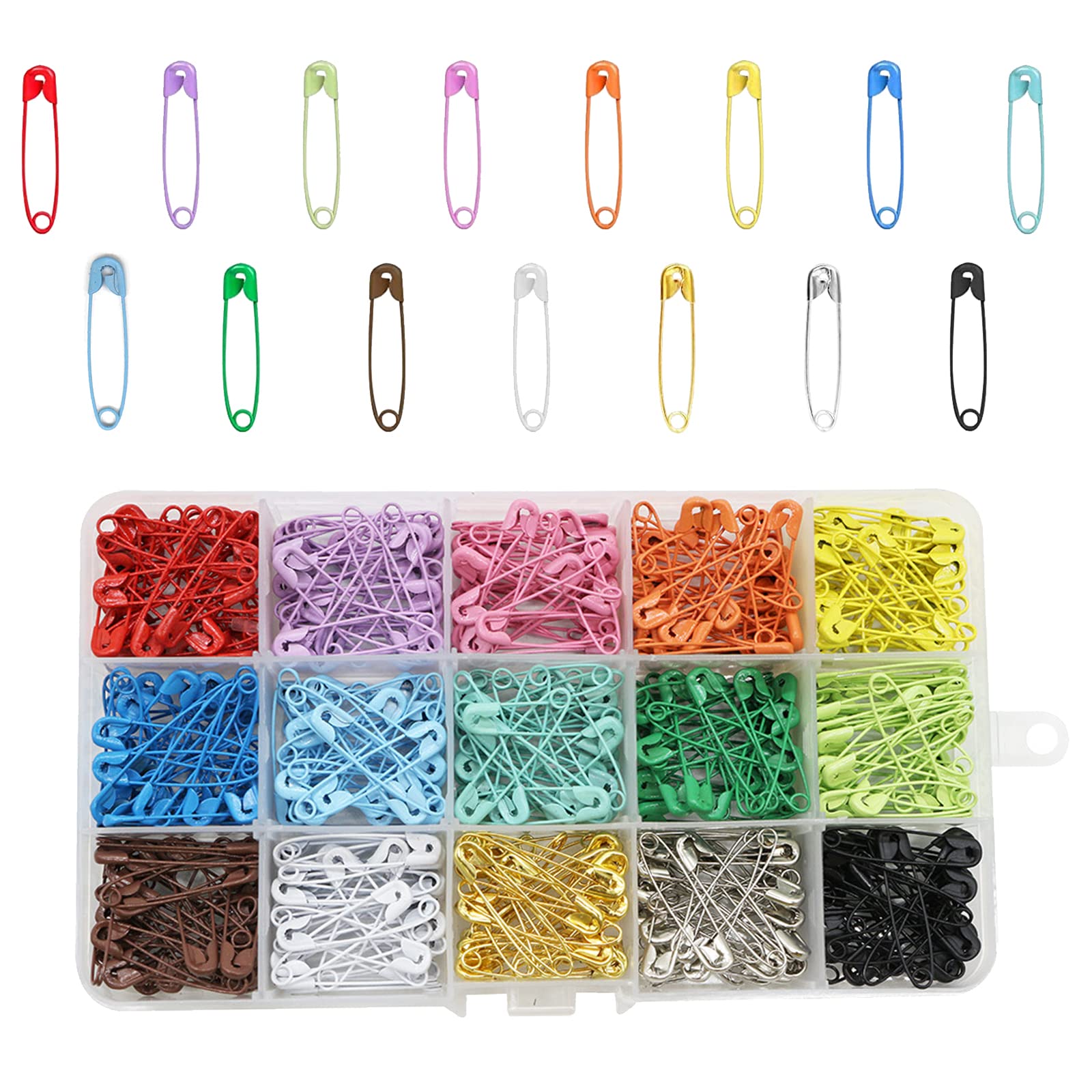 300Pcs Colored Safety Pins Bulk Sewing Pins Nickel-Plated Metal Safety Pins for Sewing, Art Craft, Jewelry Making, Knitting Stitch Marker（15 Colors, 32mm）