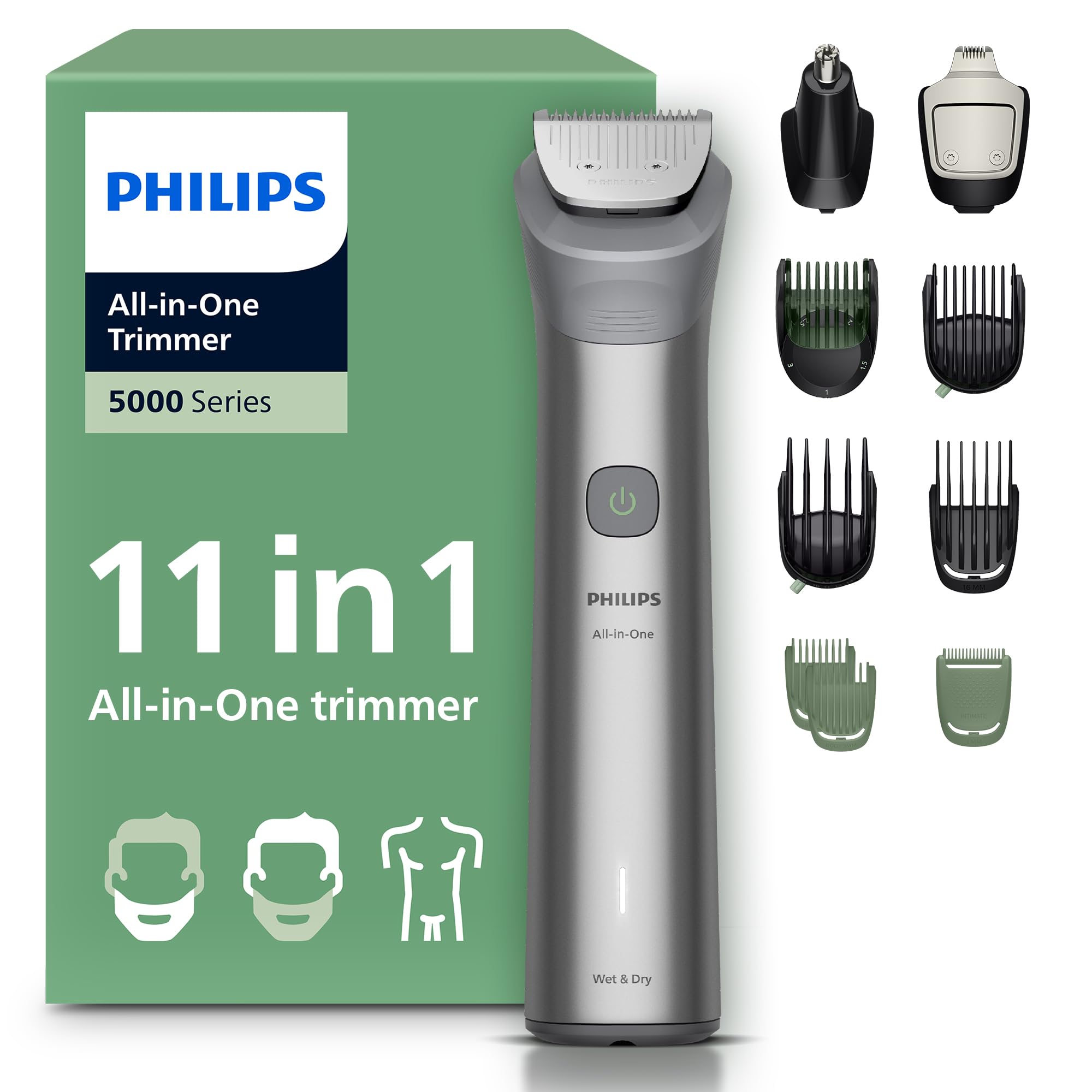 Philips Recortadora todo en uno de 11 en 1 Serie 5000 - Afeitadora y cortapelos hombre para rostro, cabeza y cuerpo, cuchillas de acero autoafilables, 17 longitudes, recargable, MG5951/15