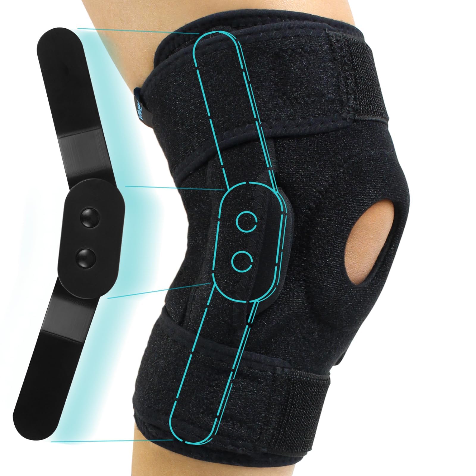 Vive Hinged Knee Brace - Open Patella Support Wrap for Women, Men - Compression for ACL, MCL, Torn Meniscus Ligament and Tendonitis - for Running, Athletic Tear and Arthritis Joint (Black)