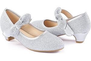 ADAMUMU Girls Dress Shoes Princess High Heel Mary Jane Glitter Shoes in Wedding Party for Toddler Little Big Girl with Bowknot Flower Velcro