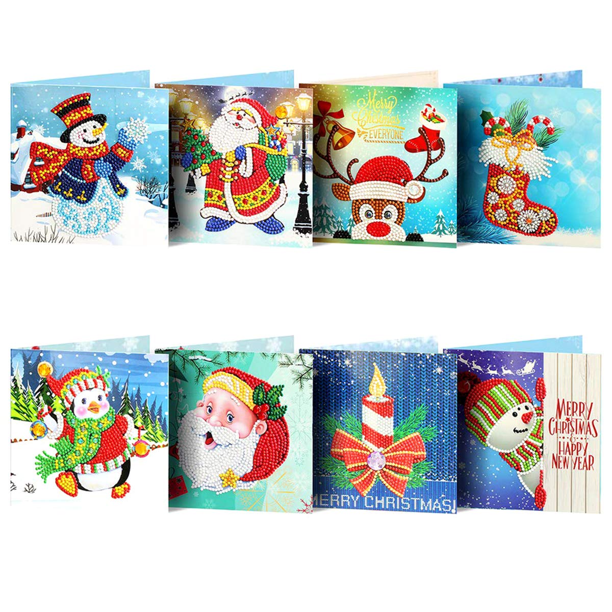 Yuehuamech 8 Pcs Christmas Greeting Cards 5D DIY Diamond Painting Greeting Card Kit Creative Santa Claus Reindeer Xmas Manual Greeting Cards for Festival New Year Thanks Giving