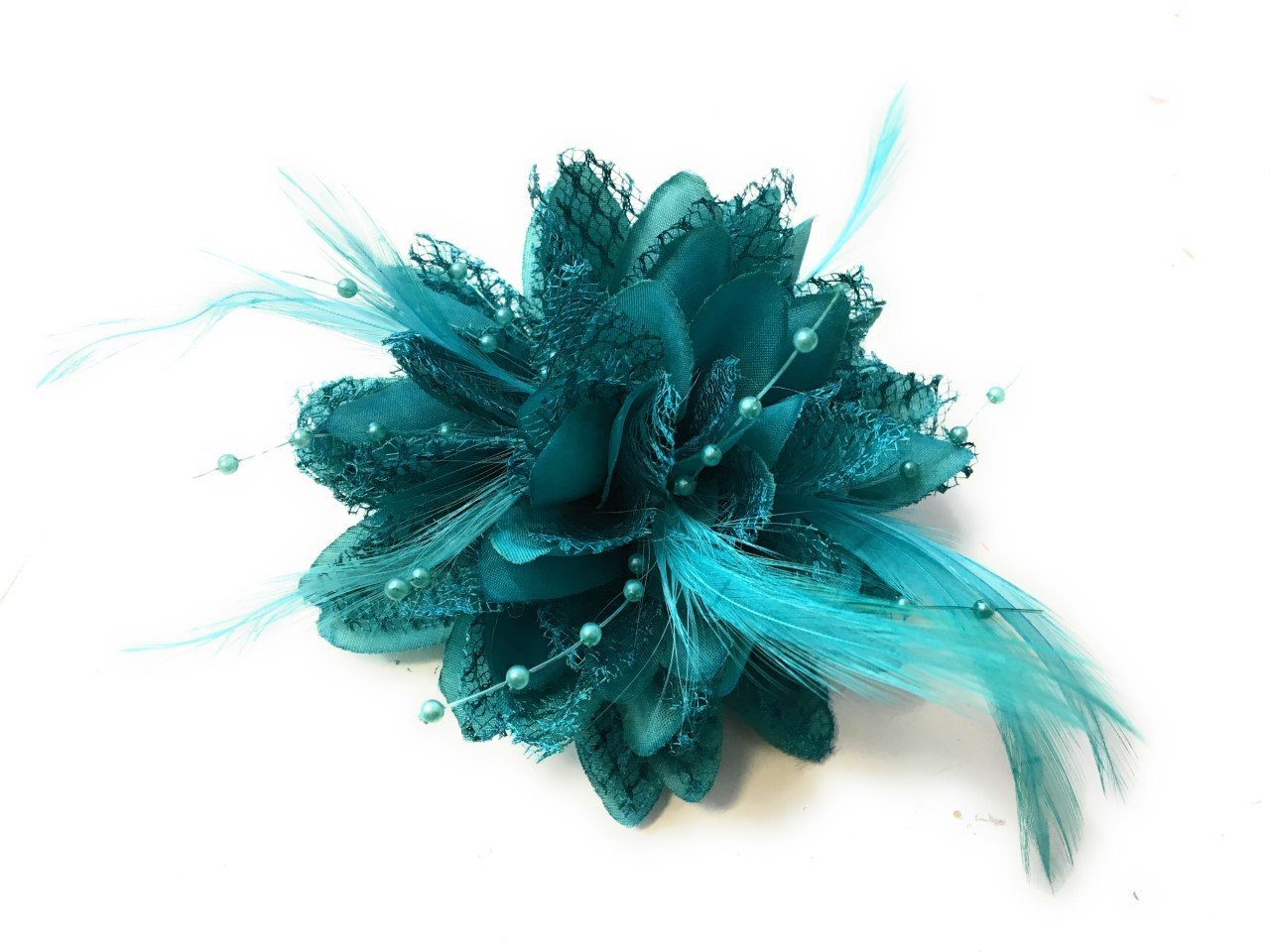 Flower Feather Bead Corsage Hair Clips Fascinator Hairband and Pin (Turquoise) — image 1