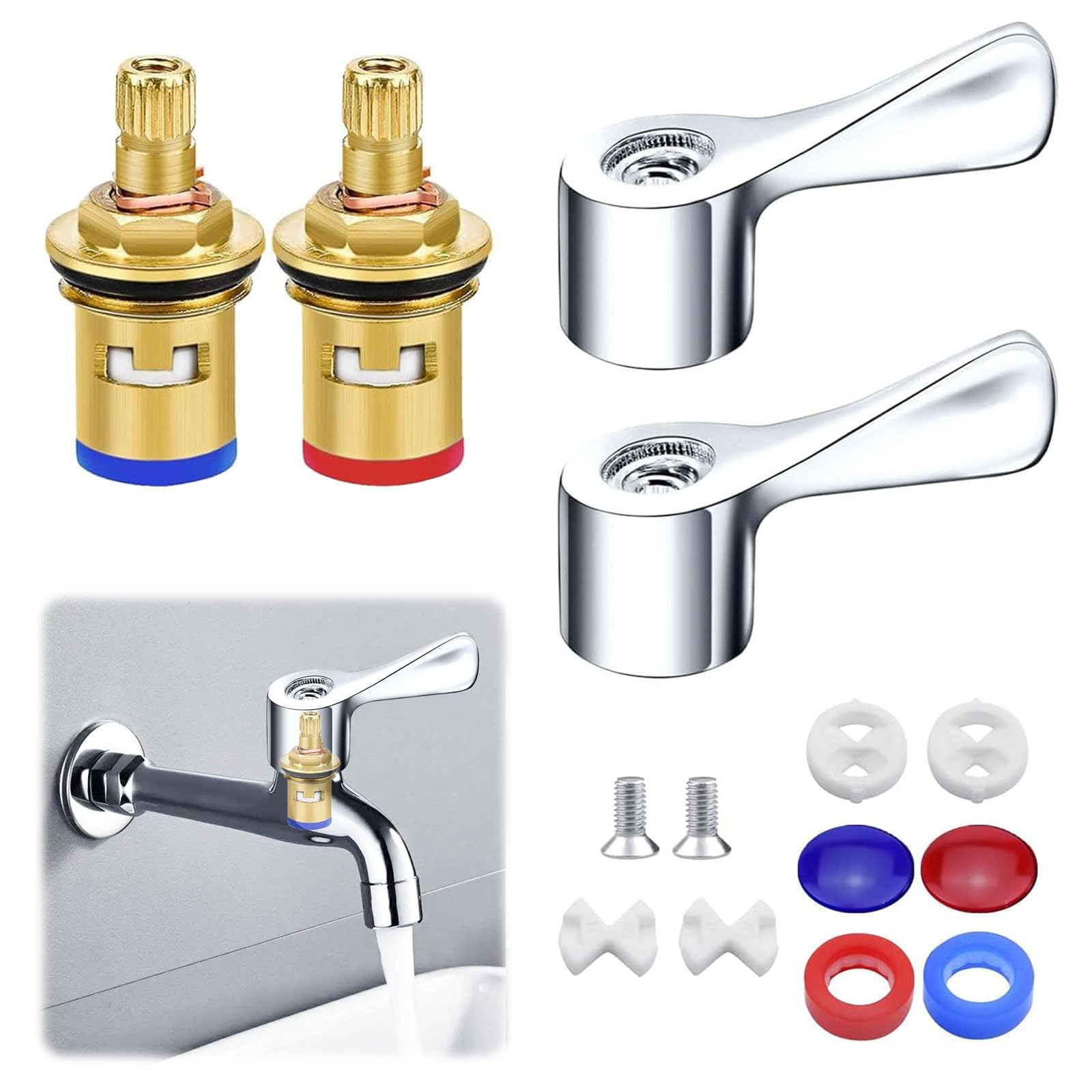 Oiieco 2 Sets Tap Cartridge Replacement, 1/2" Mixer Tap Cartridge with Metal Lever Heads,Kitchen Mixer tap valves Replacement,Universal Replacement Tap Heads for Kitchen Bathroom Faucet Sink Taps