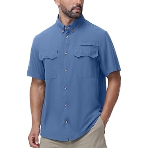 Roadbox Men's Fishing Shirts Short Sleeve Sun Protection Button Down Quick Dry Cooling Hiking Shirt for Travel Safari Camping