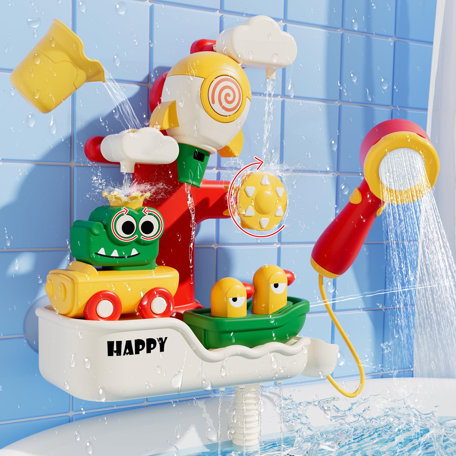 Photo 1 of SOCBTNSO FlowFun Bath Toy Set: Electric Shower with 360° Rotate, Rocket Whistle, Cute Car Toy & Little Yacht | Interactive Water Play Kit for Toddlers 18 Months +