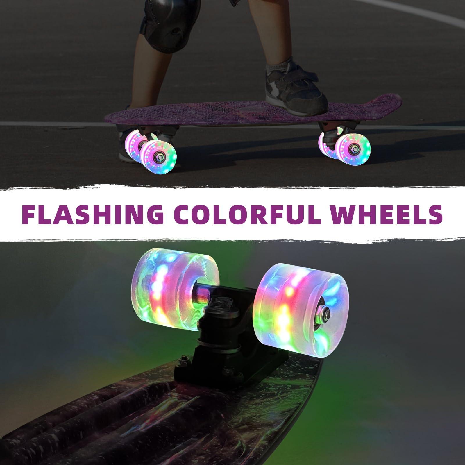 Nattork Skateboards 22 Inch Mini Cruiser Skateboard Complete Retro Skate Boards with Colorful Light Up Wheels for Kids Girls Boys Beginners