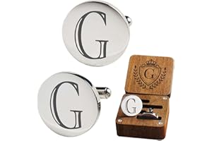 SEEMDANTEN Mens Classic Initial Cuff links A-Z Alphabet 26 Letters Stainless Steel Silver CuffLinks with Engraved Walnut Wood Gift Box Business Wedding Set