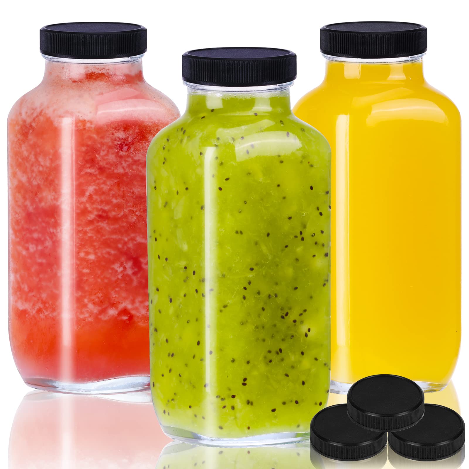 Moretoes 3pcs 16oz Glass Juice Bottles with Lids