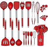 Silicone Cooking Utensil Set,Kitchen Utensils 26 Pcs Set,Non-stick Heat Resistant Silicone,Cookware with Stainless Steel Handle - Red