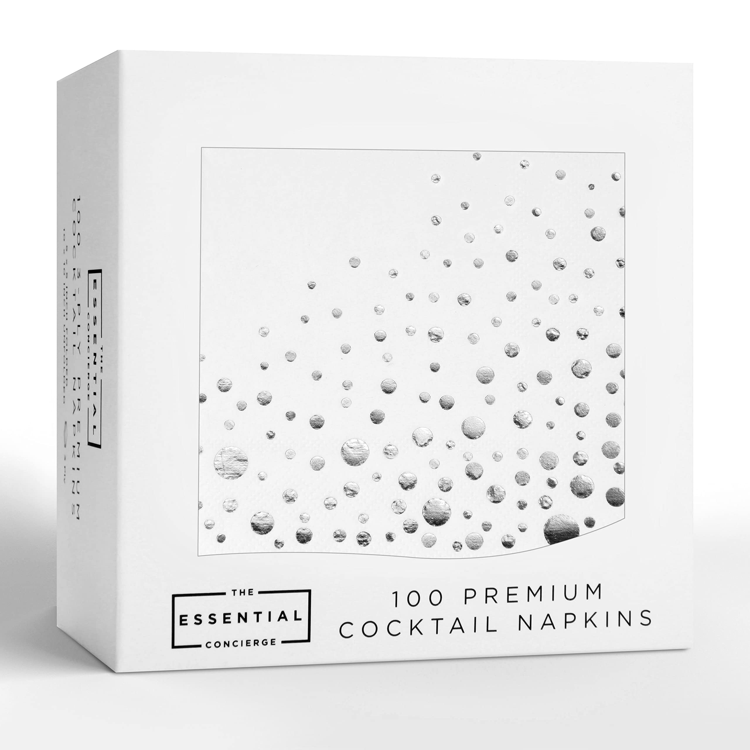 Stylish Silver Cocktail Napkins - 100 White & Silver, 5x5 Inch, 3-Ply, Disposable Party Napkins for Holidays & Christmas