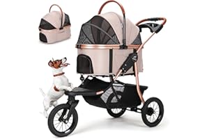 SKISOPGO Foldable Pet Jogger Strollers for Small Medium Dogs Cats, 3 in 1 Dog Jogging Stroller, No-Zip Dog Wagon Stroller with Detachable Carrier, Durable Rubber 3 Wheels for Travel (Khaki)