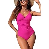 SHEKINI Women's One Piece Swimsuit Modest V Neck Ruched Slimming Bathing Suit Adjustable Straps Tummy Control Swimwear