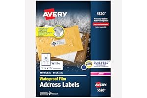 Avery Waterproof Sticker Labels for Printer - 1" x 2-5/8" Mailing Labels, Ultrahold Permanent Adhesive, Laser Printers, 1,500 Printable Avery Address Label Sheets (5520)