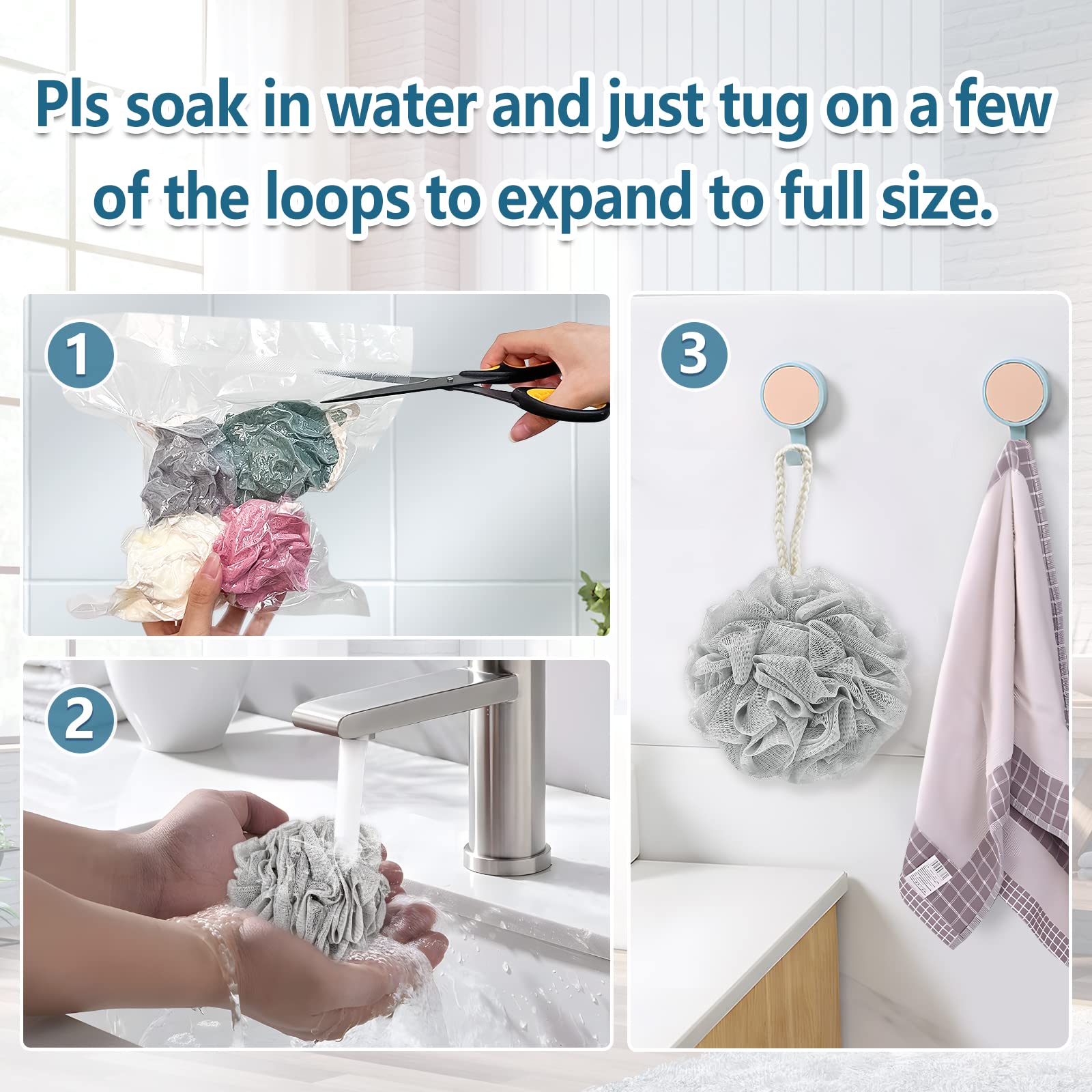 Bath Loofah Sponge, 60G Shower Loofah Exfoliating Body Scrubber Sponge, 4 Count Bath Mesh Pouf Ball for Women and Men (Light Color)