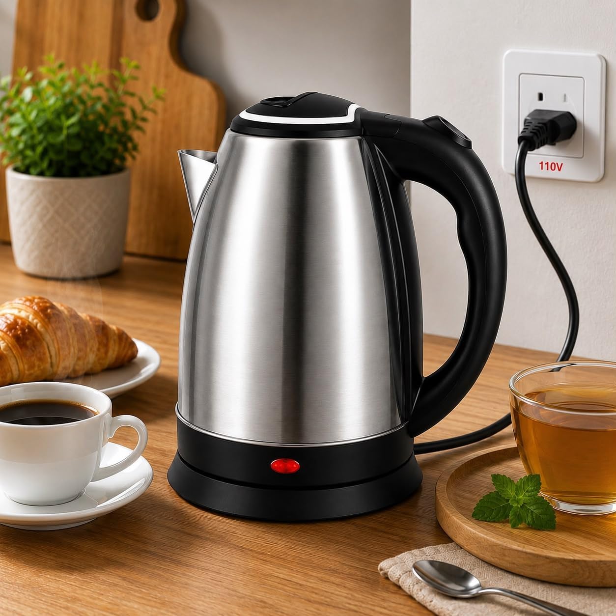 Chaleira Elétrica em Aço Inox 1.8l – Aquecimento Rápido, Desligamento Automático, Base Giratória 360°, Design Moderno e Fácil Limpeza