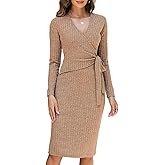 Lyrur Women's Long Sleeve Fall Dresses 2025 Trendy V Neck Tie Waist Wrap Midi Dress
