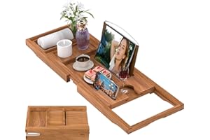 BAMBUROBA Premium Teak Bathtub Tray Caddy, Expandable Wooden Bath Tray for Tub,Luxury Bathroom Accessories,Great House Warming, Anniversary & Wedding and Birthday Gifts