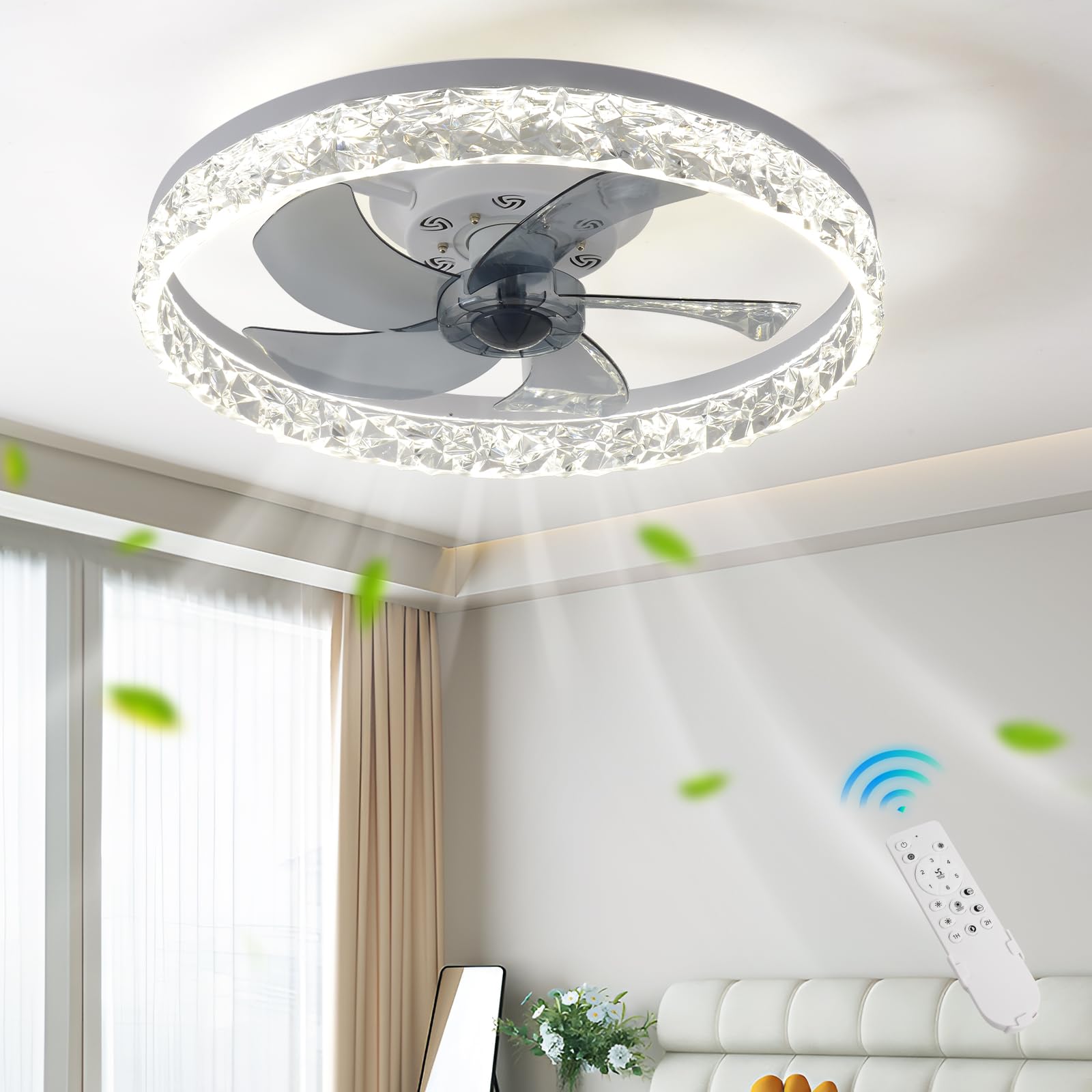 Photo 1 of *FOR PARTS ONLY* FRIXCHUR 20" Dimmable Low Profile Ceiling Fans with Light Crystal Modern Flush Mount Ceiling Fan for Bedroom Living Room Dining Room(6 Speeds 3 Colors Change),White