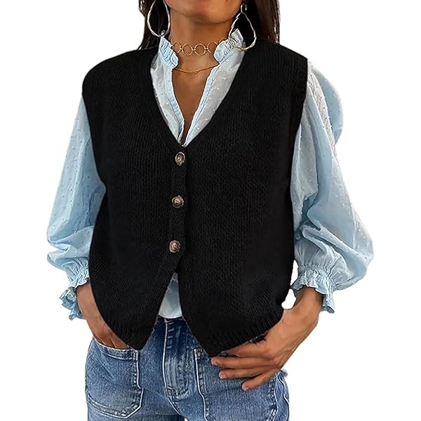 Women Casual Knitted Vest Sleeveless V-neck Button Down