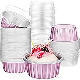 Gandeer 200 Pack Aluminum Foil Cupcake Liners with Lids,5 oz Round Baking Cup for Wedding Party, Disposable Tart Pie Ramekin, Mini Cake Tins Container(Pink,Plain)